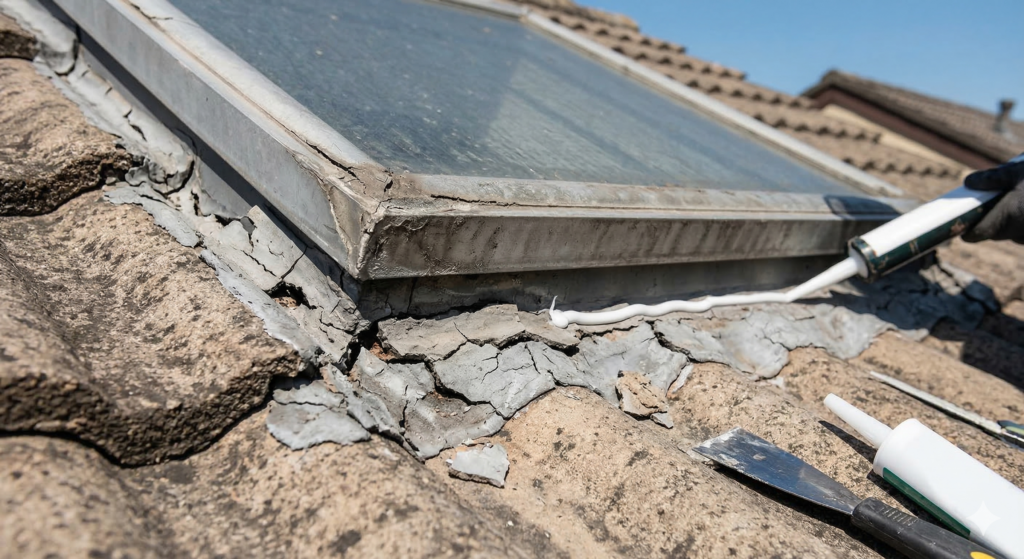 経年による天窓コーキングの硬化・ひび割れ